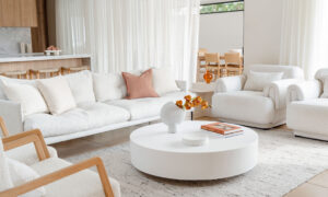 A lounge room with a boucle lounge.