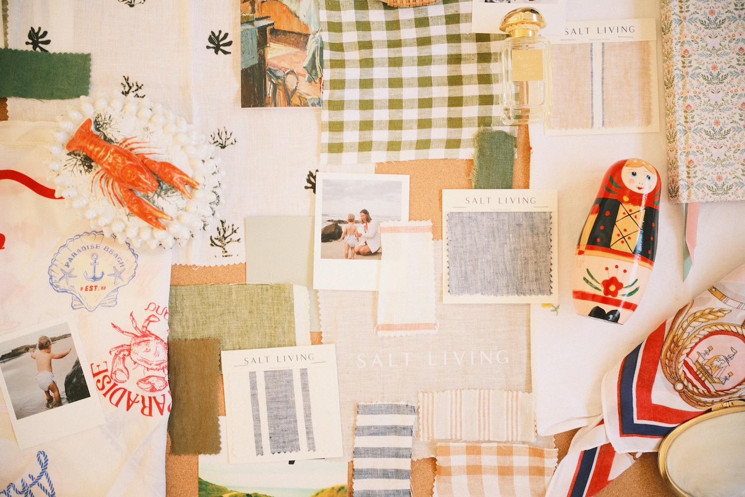 A curated mood board including material swatches and decor pieces.