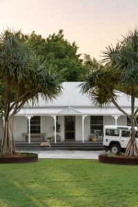 Exterior shot of a renovated white Queenslander home with pandanus trees in the foreground.
