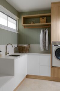 A modern laundry space with sage green paneling, styled with baskets and hanging shirts.