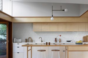 Modern kitchen styled by Hayley for Inside Out Magazine, with ply and subway tile detail.