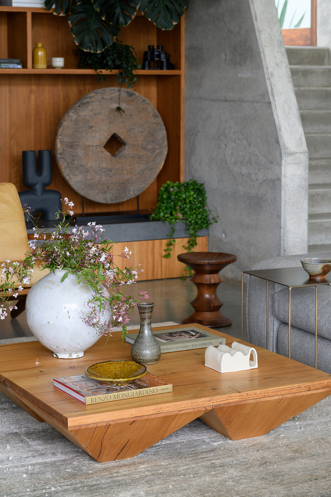 Inside-Out-Modern-Lounge-Room-Styling A layered coffee table in a character filled modern lounge room.