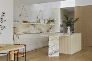 White marble kitchen shot on an angle.
