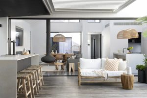 Outdoor area and living area with fireplace.