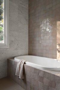 A modern pink bathroom.