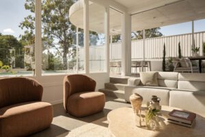 Modern indoor/outdoor living, a light filled living area opens up to an outdoor entertaining area.