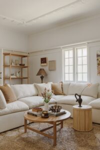 A new white couch in a renovated Queenslander living room. There are rattan and chocolate brown accents around the room.